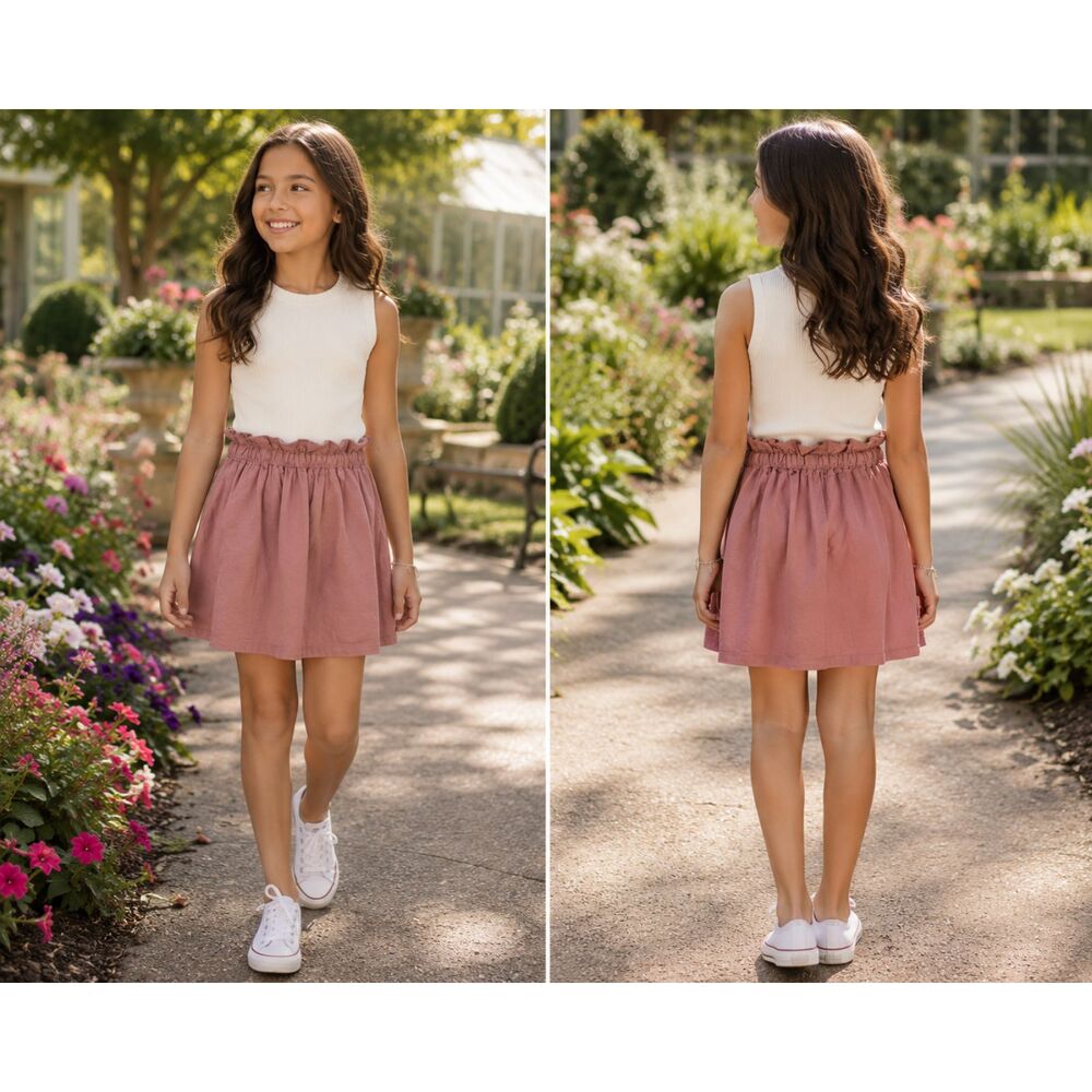 Uniqlo Kids Dusty Rose Paperbag Waist Skirt Girls 9-10 Cotton Stretch A-Line